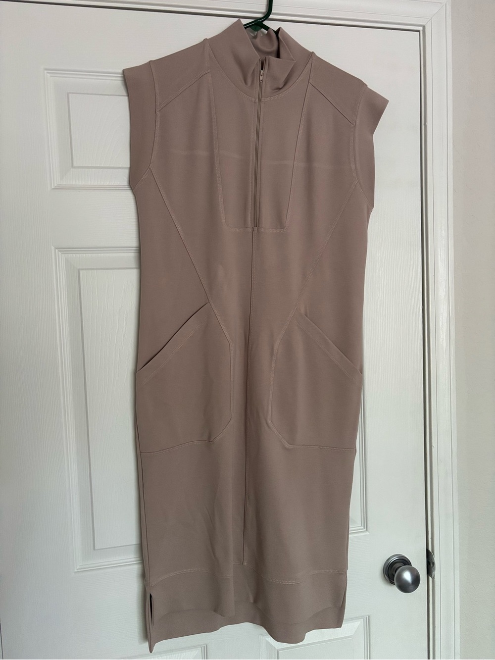 Sleeveless Mock Neck Pocket Dress in Taupe
